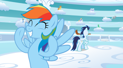 Size: 750x421 | Tagged: safe, artist:nstone53, rainbow dash, soarin', pegasus, pony, g4, butt, female, implied shipping, implied soarindash, implied straight, male, mare, plot, stallion