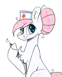 Size: 2755x3393 | Tagged: safe, artist:jorge-styx, nurse redheart, earth pony, pony, g4, chest fluff, hat, high res, liquid rainbow, nurse hat, simple background, solo, syringe, white background