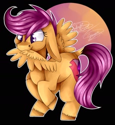 Size: 1829x1984 | Tagged: safe, artist:jorge-styx, artist:spaceyart1, scootaloo, pegasus, pony, g4, black background, collaboration, grooming, preening, simple background, solo, wings