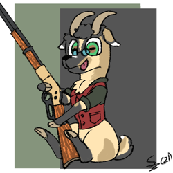 Size: 1024x1024 | Tagged: safe, artist:zeebs, oc, oc only, oc:immanuel, goat, :p, abstract background, clothes, cloven hooves, glasses, goat oc, gun, hoof hold, horizontal pupils, horns, lever action rifle, looking at you, passepartout, rectangular pupil, rifle, shirt, sitting, solo, tongue out, vest, waistcoat, weapon