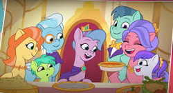 Size: 305x165 | Tagged: safe, screencap, cherry flyaway, queen haven, pegasus, pony, g5, making a meal of it, my little pony: tell your tale, spoiler:g5, spoiler:my little pony: tell your tale, spoiler:tyts01e35, bright canny (g5), child, colt, family, female, filly, foal, food, male, mare, monocle, not cookie crumbles, not sandbar, photo, pie, queen, solo, stallion, the last supper, unnamed character, unnamed pony, younger