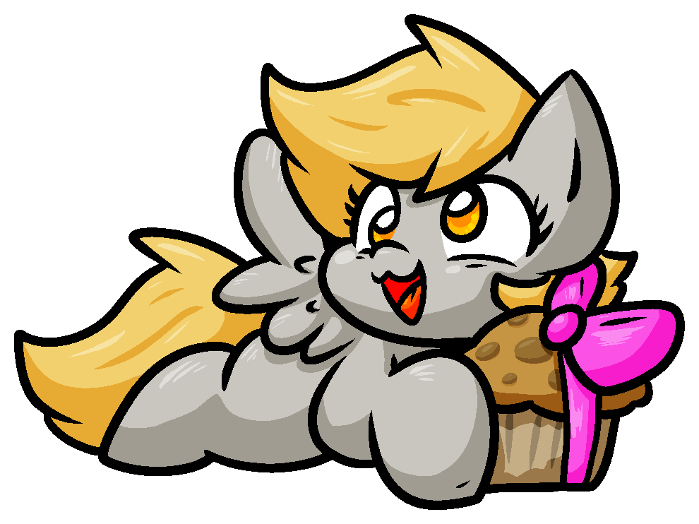 [artist:zutcha,cute,derpy hooves,female,food,mare,muffin,open mouth,outline,pegasus,pony,prone,safe,simple background,solo,transparent background,wings,lying down,derpabetes,missing cutie mark,smiling,spread wings,hoof hold,white outline,sploot,open smile]