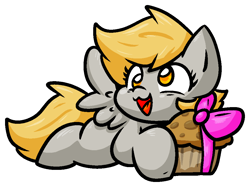 Size: 990x742 | Tagged: safe, artist:zutcha, derpy hooves, pegasus, pony, g4, cute, derpabetes, female, food, hoof hold, lying down, mare, missing cutie mark, muffin, open mouth, open smile, outline, prone, simple background, smiling, solo, sploot, spread wings, transparent background, white outline, wings