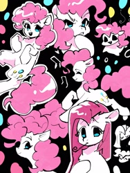 Size: 1620x2160 | Tagged: safe, artist:lendftcn, pinkie pie, earth pony, pony, g4, balloon, black background, chibi, female, mare, open mouth, open smile, party horn, pinkamena diane pie, simple background, smiling, solo