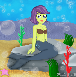 Size: 2984x3039 | Tagged: safe, artist:cyber-murph, victoria, mermaid, starfish, equestria girls, g4, my little pony equestria girls: better together, background human, belly button, bra, bubble, commission, coral, female, fish tail, high res, mermaidized, midriff, ocean, rock, seashell bra, seaweed, signature, sitting, solo, species swap, swimming, tail, underwater, water