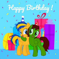 Size: 1076x1080 | Tagged: safe, artist:mlpfan3991, artist:swiftgaiathebrony, oc, oc only, oc:flare spark, pegasus, pony, g4, birthday, duo, female, hat, hoof around neck, mare, party hat, pegasus oc, present