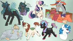 Size: 1280x720 | Tagged: safe, artist:binibean, autumn blaze, big macintosh, bon bon, derpy hooves, discord, dj pon-3, queen chrysalis, spike, sweetie drops, vinyl scratch, changeling, changeling queen, draconequus, dragon, earth pony, kirin, nirik, pegasus, pony, unicorn, g4, the break up breakdown, bowtie, bubblegum, bust, closed mouth, clothes, cloven hooves, facial hair, fangs, female, food, freckles, frown, glasses, gradient background, grappling hook, gum, guy's night, guys night, hat, leonine tail, looking at someone, looking at you, male, mare, mirror universe, moustache, muffin, open mouth, question mark, raised hoof, reversalis, round glasses, sad, secret agent sweetie drops, shawl, signature, spread wings, stallion, standing, suit, sunglasses, tail, wings, zoot suit