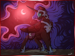 Size: 1280x960 | Tagged: safe, artist:binibean, nightmare moon, alicorn, pony, g4, crescent moon, female, glowing, glowing eyes, mare, moon, quadrupedal, signature, solo, standing, sternocleidomastoid, turned head
