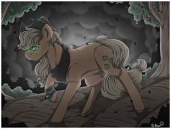 Size: 1280x960 | Tagged: safe, artist:binibean, mean applejack, earth pony, pony, g4, the mean 6, apple, apple tree, bandana, clone, detailed background, female, glowing, glowing eyes, mare, passepartout, raised hoof, signature, solo, tree