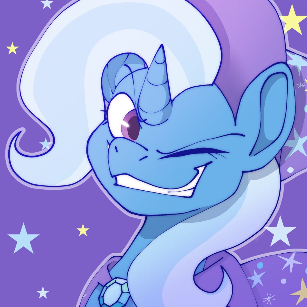 [cape,clothes,eyebrows,female,g4,hat,high res,horn,jewelry,looking at you,mare,pony,safe,solo,stars,trixie,trixie's cape,wink,brooch,one eye closed,trixie's hat,winking at you,trixie's brooch,artist:skeledoodles]