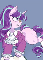 Size: 2507x3541 | Tagged: safe, artist:gakushuogawa, snowfall frost, starlight glimmer, pony, unicorn, g4, blue background, book, clothes, female, frock coat, glasses, high res, jabot, looking offscreen, mare, simple background, solo, turned head