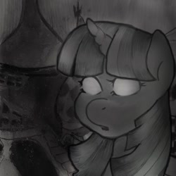 Size: 1400x1400 | Tagged: safe, artist:equestrian-strumpet, twilight sparkle, pony, unicorn, g4, album cover, bust, canterlot, fanfic art, glowing, glowing eyes, grayscale, monochrome, open mouth, portrait, white eyes