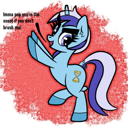 Size: 1000x1000 | Tagged: safe, artist:scandianon, minuette, pony, unicorn, g4, dock, eyebrows, eyebrows visible through hair, female, grumpy, hooves, looking at you, mare, open mouth, raised hoof, rearing, solo, tail, talking to viewer, threat