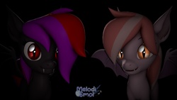 Size: 3840x2160 | Tagged: safe, artist:melodismol, oc, oc only, oc:alum orchid, oc:strawberry gleam, bat pony, pony, 3d, dark, duo, fangs, high res, looking at you, oc x oc, shipping, simple background, smiling, source filmmaker, spread wings, wings