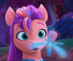 Size: 1280x1066 | Tagged: safe, screencap, sunny starscout, breezie, earth pony, pony, family trees, g5, my little pony: make your mark, my little pony: make your mark chapter 5, spoiler:g5, spoiler:my little pony: make your mark, spoiler:my little pony: make your mark chapter 5, spoiler:mymc05e02, animated, bridlewood, cute, excited, female, flying, gif, happy, hoof on cheek, mane stripe sunny, mare, night, outdoors, smiling, sunnybetes