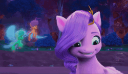 Size: 1410x818 | Tagged: safe, screencap, pipp petals, breezie, pegasus, pony, family trees, g5, my little pony: make your mark, my little pony: make your mark chapter 5, spoiler:g5, spoiler:my little pony: make your mark, spoiler:my little pony: make your mark chapter 5, spoiler:mymc05e02, animated, bridlewood, cellphone, female, flying, gif, happy, mare, night, outdoors, phone, smartphone