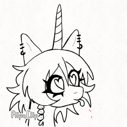 Size: 720x720 | Tagged: safe, artist:seikis, oc, oc only, pony, unicorn, animated, black and white, ear piercing, earring, gif, grayscale, heart, heart eyes, jewelry, monochrome, partial color, piercing, raspberry, simple background, smiling, solo, tongue out, white background, wingding eyes