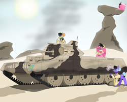 Size: 3616x2912 | Tagged: safe, artist:mairiathus, oc, oc only, earth pony, griffon, pony, unicorn, equestria at war mod, a15 crusader, beret, clothes, desert, female, hat, high res, mare, military uniform, shell, signature, soldier, tank (vehicle), uniform