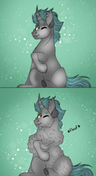 Size: 2630x4848 | Tagged: safe, artist:inisealga, oc, oc only, oc:lunar signal, bat pony, bat pony unicorn, hybrid, pony, unicorn, beanbrows, cheek fluff, cute, ear fluff, eyebrows, fangs, fluffy, horn, hybrid oc, looking at you, neck fluff, one eye closed, sitting, wink