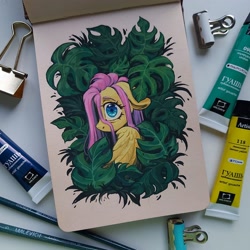 Size: 2560x2560 | Tagged: safe, artist:amishy, fluttershy, pegasus, pony, g4, bush, bust, cute, cyrillic, female, floppy ears, gouache, hiding, high res, leaves, looking at you, mare, russian, shy, shyabetes, solo, stray strand, traditional art
