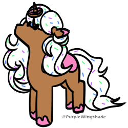 Size: 3000x3000 | Tagged: safe, artist:purple wingshade, part of a set, oc, oc only, oc:donut daydream, pony, unicorn, brown coat, cute, donut, food, high res, simple background, small, solo, sprinkles, standing, transparent background, watermark, white mane