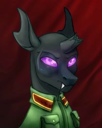 Size: 1200x1500 | Tagged: safe, artist:mr.catfish, oc, changeling, eaw redux, equestria at war mod, bald, broken horn, bust, changeling oc, eye scar, facial scar, frown, horn, looking at you, male, portrait, purple eyes, red background, scar, solo