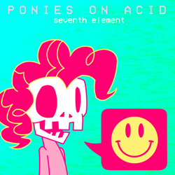 Size: 1400x1400 | Tagged: safe, artist:hackd, pinkie pie, earth pony, pony, g4, acid, album cover, bipedal, bust, pictogram, skull, smiley face, solo, speech bubble