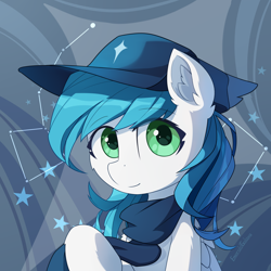 Size: 3000x3000 | Tagged: safe, artist:emeraldgalaxy, oc, oc only, oc:cynosura, pegasus, pony, bust, clothes, commission, constellation, ear fluff, eye clipping through hair, eyebrows, eyebrows visible through hair, female, hat, high res, looking at you, mare, pegasus oc, scarf, signature, smiling, smiling at you, solo