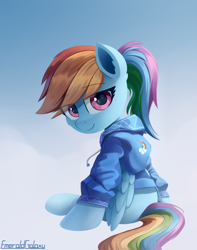 Size: 1500x1900 | Tagged: safe, artist:emeraldgalaxy, rainbow dash, pegasus, pony, g4, alternate hairstyle, clothes, cute, dashabetes, ear fluff, eye clipping through hair, eyebrows, eyebrows visible through hair, female, folded wings, gradient background, hoodie, looking at you, mare, ponytail, signature, sitting, smiling, smiling at you, solo, wings