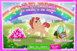 Size: 1957x1301 | Tagged: safe, gameloft, idw, peachy, earth pony, pony, g1, g4, my little pony: magic princess, official, advertisement, bow, bush, costs real money, english, female, gem, idw showified, introduction card, mare, mobile game, numbers, sale, solo, tail, tail bow, text