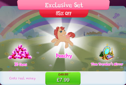 Size: 1266x856 | Tagged: safe, gameloft, idw, peachy, earth pony, pony, g1, g4, my little pony: magic princess, official, bow, bundle, bush, costs real money, english, female, gem, idw showified, mare, mobile game, numbers, sale, solo, tail, tail bow, text