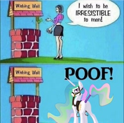 Size: 1587x1579 | Tagged: safe, artist:derkrazykraut, artist:vladilen, edit, princess celestia, alicorn, human, pony, g4, bound wings, breasts, bridle, butt, clothes, dialogue, female, horses doing horse things, human female, human to pony, looking at you, looking back, magic, mare, meme, midriff, money, needs more jpeg, plot, poof, reins, royalty, saddle, sketch, skirt, smiling, solo, speech bubble, stirrups, tack, tail, tail wrap, transformation, unamused, wings, wish, wishing well