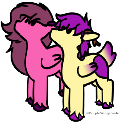 Size: 3000x3000 | Tagged: safe, artist:purple wingshade, oc, oc:flower, oc:purple wingshade, deer, deer pony, hybrid, original species, pegasus, pony, antlers, body markings, clothes, colored wings, cute, deer tail, duo, high res, pink coat, pink mane, purple mane, simple background, small, standing, tail, transparent background, watermark, wings, yellow coat