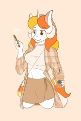 Size: 1365x2048 | Tagged: safe, artist:mscolorsplash, oc, oc only, oc:candy corn, unicorn, anthro, belly button, breasts, busty oc, cellphone, clothes, coffee cup, cup, drink, eyebrows, eyebrows visible through hair, female, flannel, mare, midriff, orange background, phone, pumpkin spice, simple background, skirt, smartphone, smiling, solo, starbucks