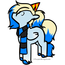 Size: 3000x3000 | Tagged: safe, artist:purple wingshade, oc, oc only, oc:azure opus, pegasus, pony, birthday, blind, blonde mane, blue coat, blue mane, clothes, dot eyes, dyed mane, hat, high res, looking up, minimalist, party hat, piercing, ponytail, scarf, simple background, solo, standing, striped scarf, transparent background, variant, watermark, yellow mane