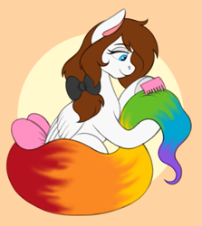 Size: 601x675 | Tagged: safe, artist:bluegirrafe17, oc, oc only, oc:color splash, pegasus, pony, bow, comb, female, hair bow, hoof hold, lidded eyes, mare, orange background, rainbow tail, simple background, smiling, solo, tail, tail bow