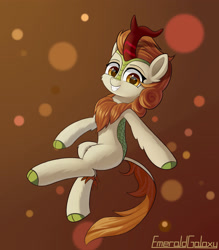 Size: 2800x3200 | Tagged: safe, artist:emeraldgalaxy, autumn blaze, kirin, g4, awwtumn blaze, cloven hooves, cute, eyebrows, female, gradient background, grin, high res, horn, kirinbetes, looking at you, signature, smiling, smiling at you, solo, unshorn fetlocks
