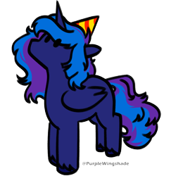 Size: 3000x3000 | Tagged: safe, artist:purple wingshade, oc, oc only, oc:sapphire spark, alicorn, pony, birthday, blue coat, blue mane, cute, hat, high res, party hat, simple background, small, solo, standing, transparent background, watermark