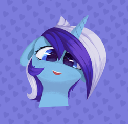 Size: 1358x1315 | Tagged: safe, artist:luneinspace, minuette, pony, unicorn, g4, bust, cute, floppy ears, hair over eyes, happy, looking at you, open mouth, open smile, portrait, smiling, smiling at you