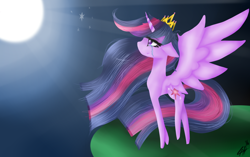 Size: 1720x1080 | Tagged: safe, artist:lovelydreams14, twilight sparkle, alicorn, pony, g4, crepuscular rays, crying, female, full moon, immortality blues, long mane, long tail, looking up, mare, moon, profile, solo, spread wings, stylized, tail, teary eyes, twilight sparkle (alicorn), wings