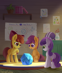 Size: 2400x2800 | Tagged: safe, artist:emeraldgalaxy, idw, apple bloom, imp the mimicker, scootaloo, sweetie belle, earth pony, mimicker, pegasus, pony, unicorn, g4, apple bloom's bow, blank flank, bow, butt, carpet, chest fluff, cutie mark crusaders, ear fluff, eyebrows, eyebrows visible through hair, female, filly, foal, folded wings, group, hair bow, high res, indoors, looking at someone, open mouth, plot, quartet, raised hoof, signature, sitting, underhoof, wings