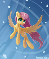 Size: 2500x3000 | Tagged: safe, artist:emeraldgalaxy, fluttershy, pegasus, pony, g4, chest fluff, cute, ear fluff, eyebrows, female, flying, high res, looking at you, mare, shyabetes, signature, smiling, smiling at you, solo, spread wings, wings