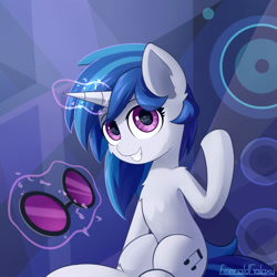 Size: 2000x2000 | Tagged: safe, artist:emeraldgalaxy, dj pon-3, vinyl scratch, pony, unicorn, g4, eye clipping through hair, eyebrows, eyebrows visible through hair, female, glasses, glowing, glowing horn, grin, high res, horn, levitation, looking at you, magic, magic aura, mare, raised hoof, signature, sitting, smiling, smiling at you, solo, speaker, telekinesis, vinyl's glasses
