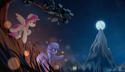 Size: 2800x1600 | Tagged: safe, artist:emeraldgalaxy, princess celestia, princess luna, alicorn, pony, g4, cewestia, duo, duo female, eyebrows, female, filly, flying, folded wings, full moon, grass, high res, horn, moon, mountain, night, night sky, outdoors, pink-mane celestia, pointing, raised hoof, royal sisters, s1 luna, scenery, siblings, signature, sisters, sky, spread wings, tree, tree branch, wings, woona, younger