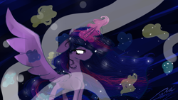 Size: 1920x1080 | Tagged: safe, artist:lovelydreams14, twilight sparkle, alicorn, pony, g4, glowing, glowing eyes, glowing horn, horn, long mane, magic, profile, solo, spread wings, twilight sparkle (alicorn), wings