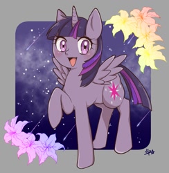 Size: 1017x1042 | Tagged: safe, artist:点p☆, twilight sparkle, alicorn, pony, g4, female, flower, looking at you, mare, open mouth, raised hoof, signature, solo, spread wings, stars, twilight sparkle (alicorn), wings