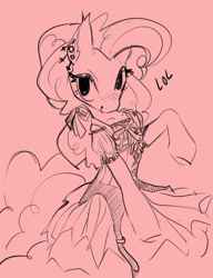 Size: 2077x2700 | Tagged: safe, artist:opalacorn, pinkie pie, earth pony, pony, g4, clothes, dress, female, goth, high res, looking at you, mare, monochrome, sketch, smiling, smiling at you, solo, wip