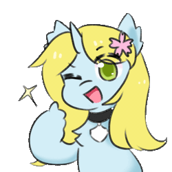 Size: 800x800 | Tagged: artist needed, source needed, safe, oc, oc only, oc:sky sprout, pony, unicorn, chest fluff, collar, eyebrows, eyebrows visible through hair, looking at you, one eye closed, open mouth, open smile, simple background, smiling, smiling at you, solo, transparent background