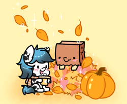 Size: 1400x1150 | Tagged: safe, artist:paperbagpony, oc, oc only, oc:dot, oc:paper bag, blushing, chibi, clothes, leaves, orange background, pumpkin, scarf, simple background, striped scarf