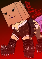 Size: 615x872 | Tagged: safe, artist:shutterpone, oc, oc only, oc:paper bag, boots, clothes, eyelashes, fake cutie mark, gradient background, lipstick, makeup, piercing, purple lipstick, ripped stockings, shirt, shoes, skirt, solo, spikes, stockings, thigh highs, torn clothes